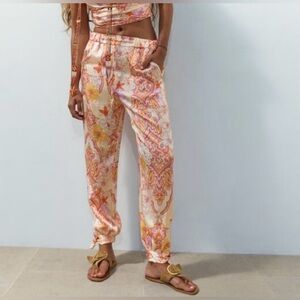 Zara The Sasha Pink Orange Satin Printed Tapered Tie Hem Pants